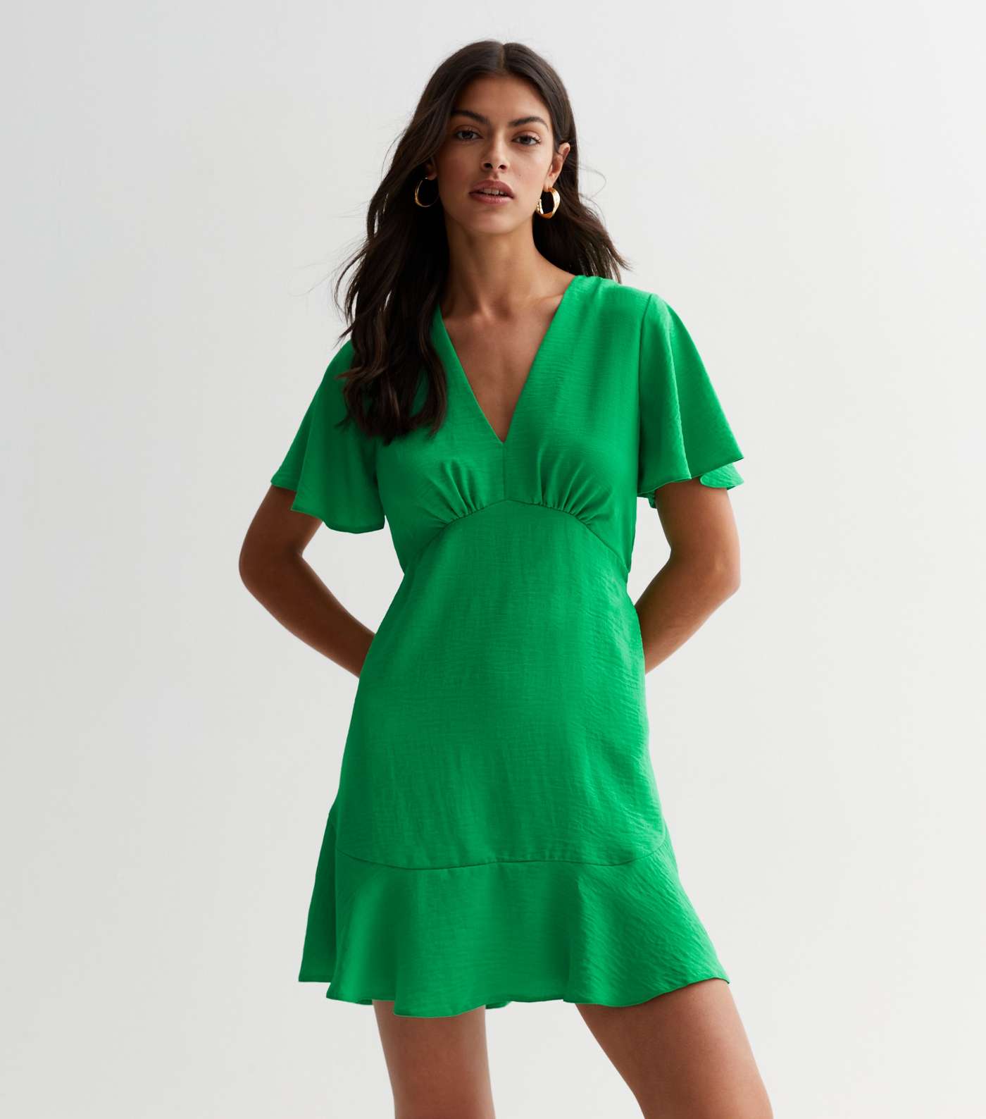 Green V Neck Tiered Mini Dress