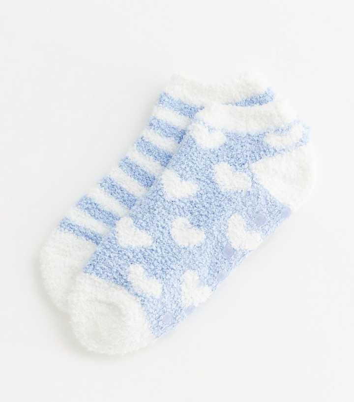 Girls 2 Pack Pale Blue Stripe and Heart Fluffy Trainer Socks
