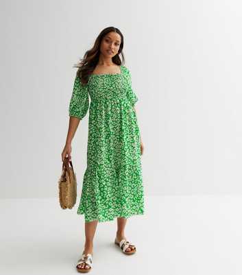 Petite Green Leopard Print Puff Sleeve Midi Dress