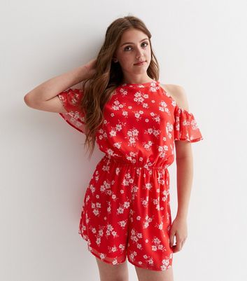 Girls Red Floral Cold Shoulder Playsuit New Look