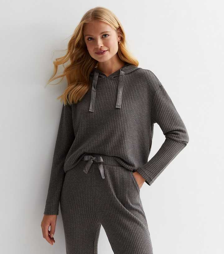 Dark Grey Ribbed Glitter Drawstring Hoodie