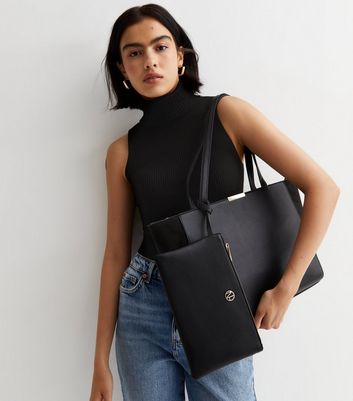 Black Suedette Panel Zip Tote Bag