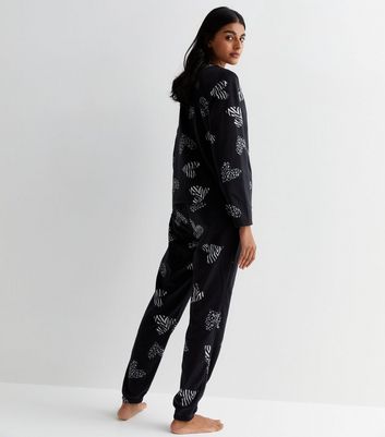Black Pyjama Set with Animal Print Heart Pattern New Look