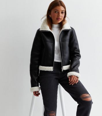 Hooded Faux Leather Jacket With Faux Fur Trim Short
