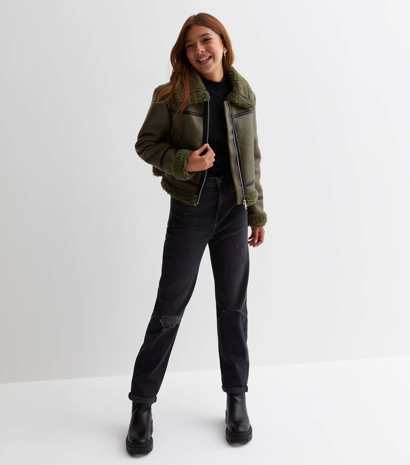 Girls Khaki Leather-Look Faux Fur Trim Aviator Jacket Image 3