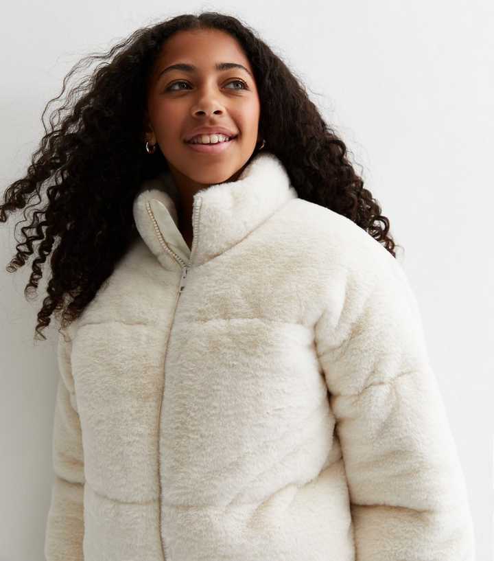 Girls Cream Faux Fur Puffer Jacket