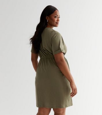 Curves Khaki Cotton Tie Waist Mini Dress New Look