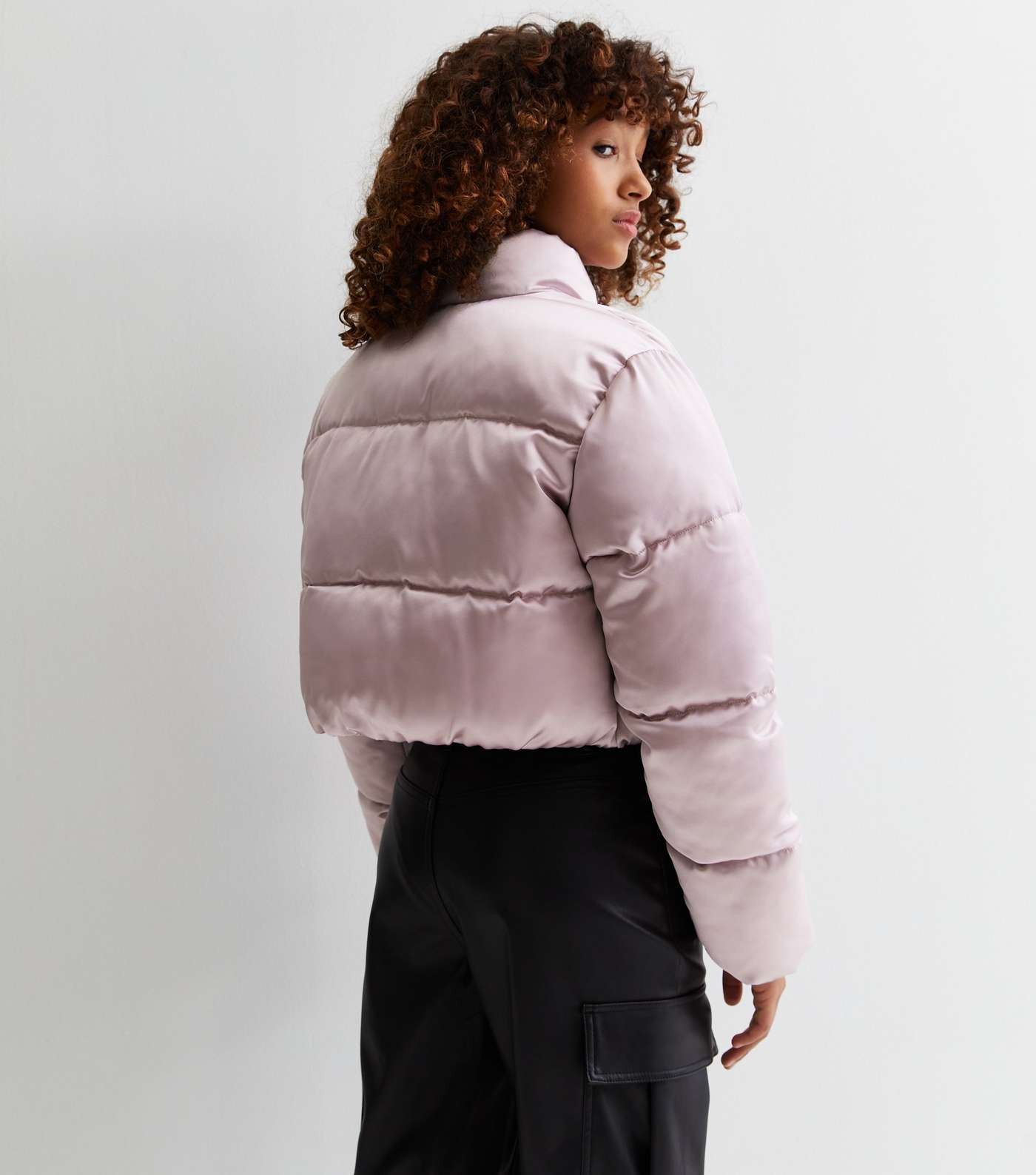 Girls Lilac Satin Zip Up Puffer Jacket Image 4