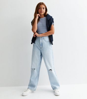 Girls Pale Blue Ripped Wide Leg Jeans New Look