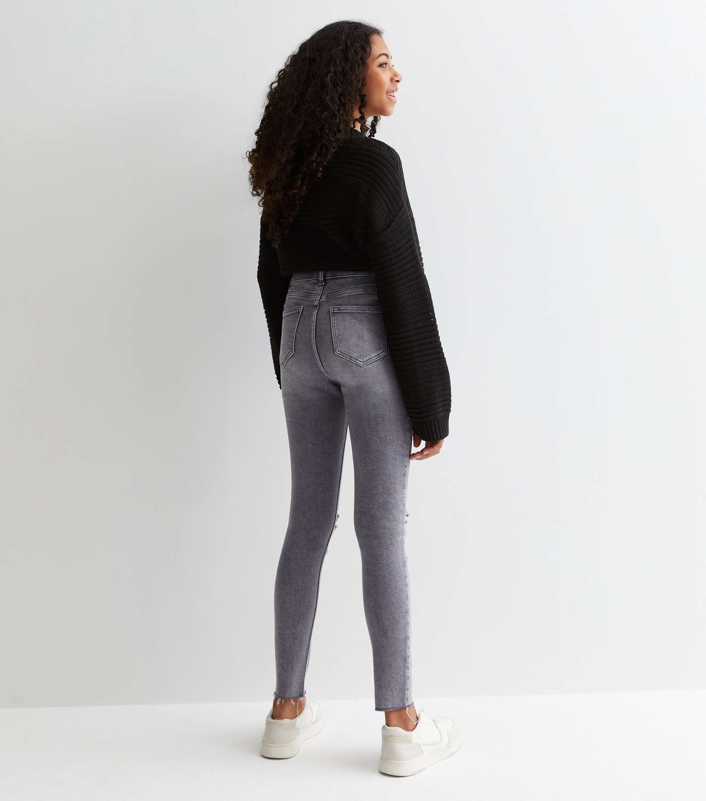 Girls Dark Grey High Waist Ripped Knee Hallie Super Skinny Jeans Image 5