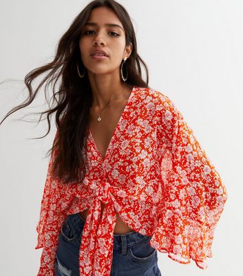 Orange Floral Tie Front Frill Blouse New Look