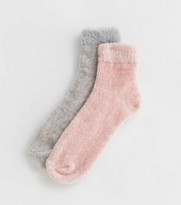 2 Pack Pink and Grey Fluffy Ankle Socks