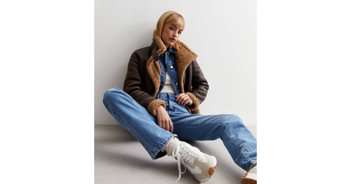 Rust Leather-Look Borg Trim Crop Aviator Jacket New Look