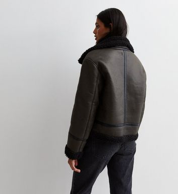 Khaki Leather-Look Borg Trim Crop Aviator Jacket New Look