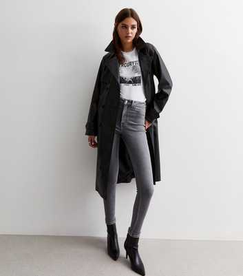 Black Leather-Look Belted Trench Coat