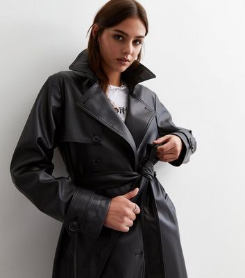 Black Leather Look Belted Trench Coat New Look