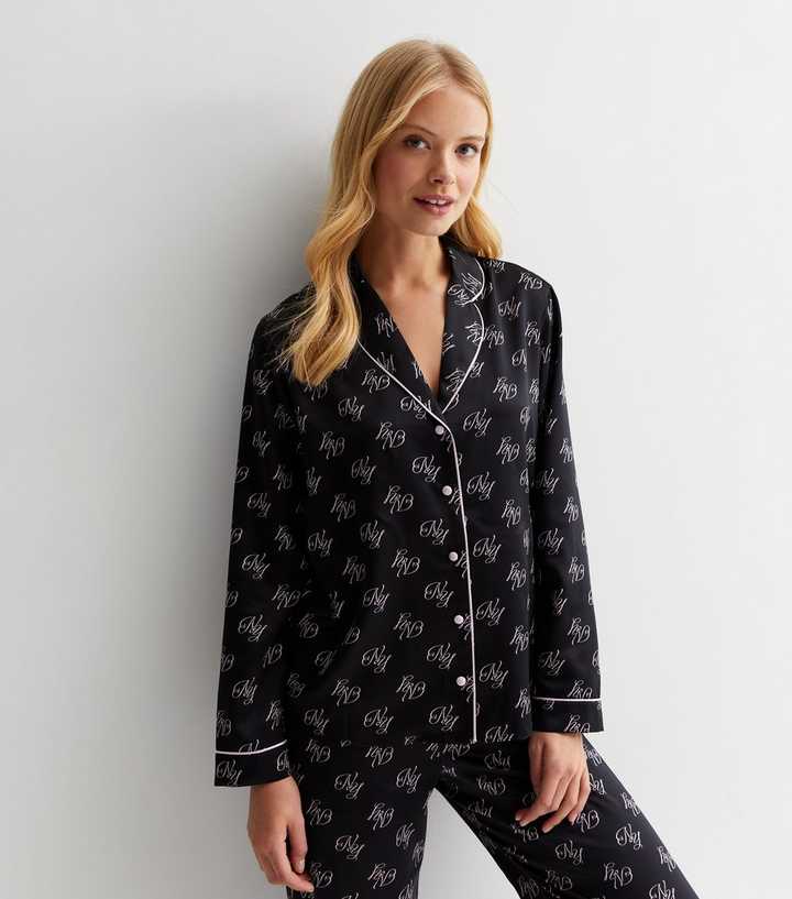 Black Satin Trouser Pyjama Set with Letter Print