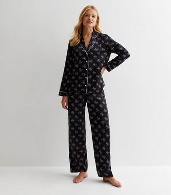 Black Satin Trouser Pyjama Set with Letter Print New Look