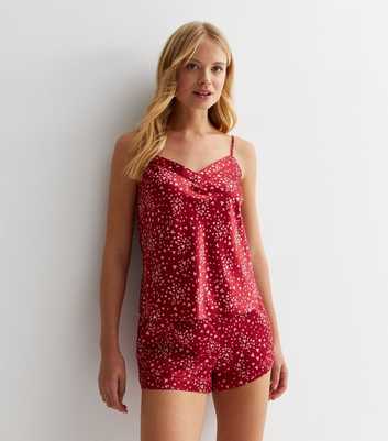 Red Satin Short Pyjama Set with Heart Print