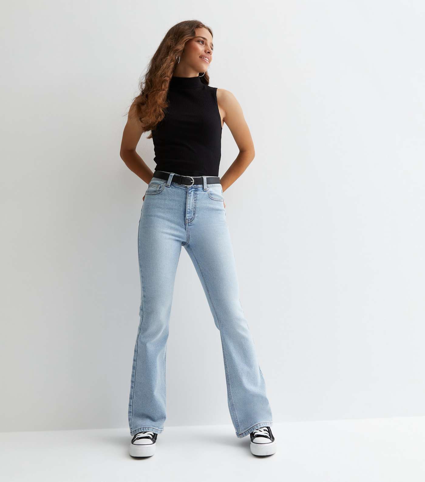 Girls Pale Blue Belted Flare Jeans Image 2