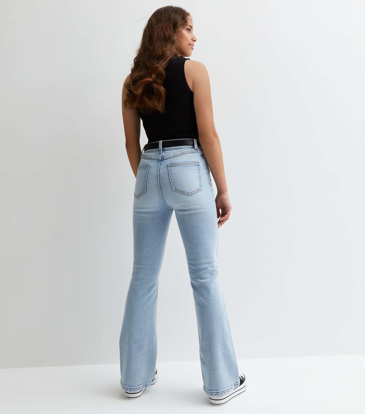 Girls Pale Blue Belted Flare Jeans Image 4