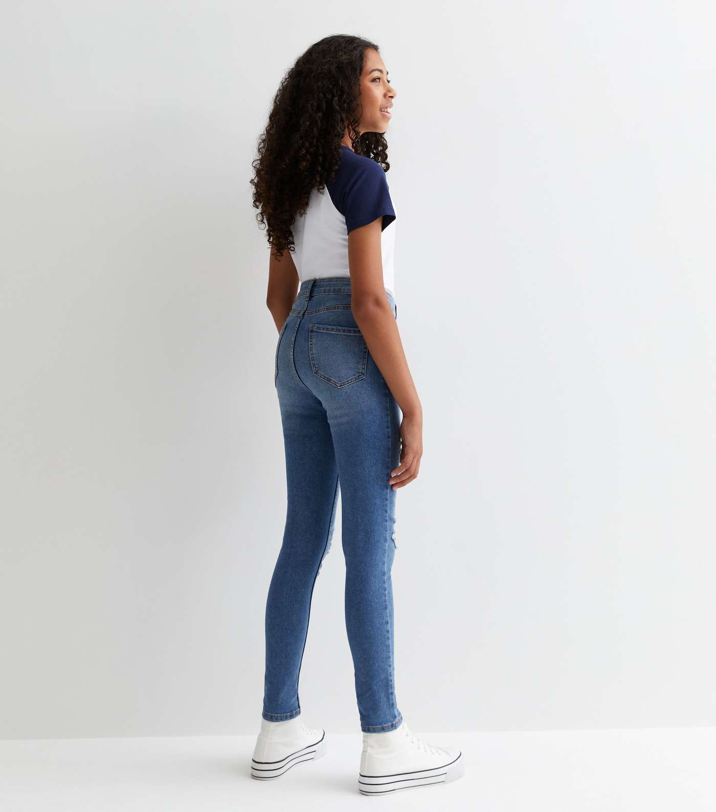 Girls Blue Ripped Knee High Waist Skinny Jeans Image 4