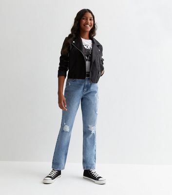 Girls Blue Ripped Knee Belted Moira Mom Jeans New Look