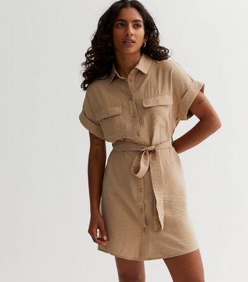 Petite Camel Utility Mini Shirt Dress New Look