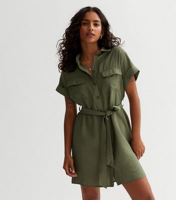 Petite Khaki Belted Utility Mini Shirt Dress New Look