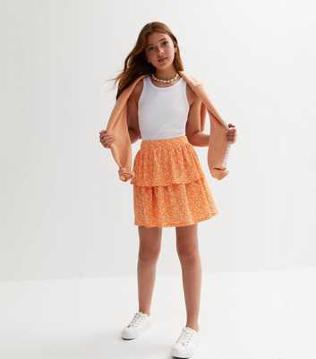 Girls Orange Ditsy Floral Tiered Ruffle Skirt 