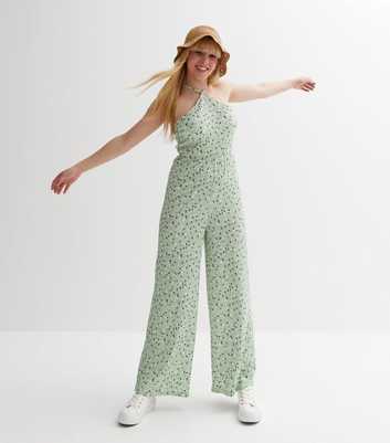 Girls Green Ditsy Floral Jersey Halter Jumpsuit