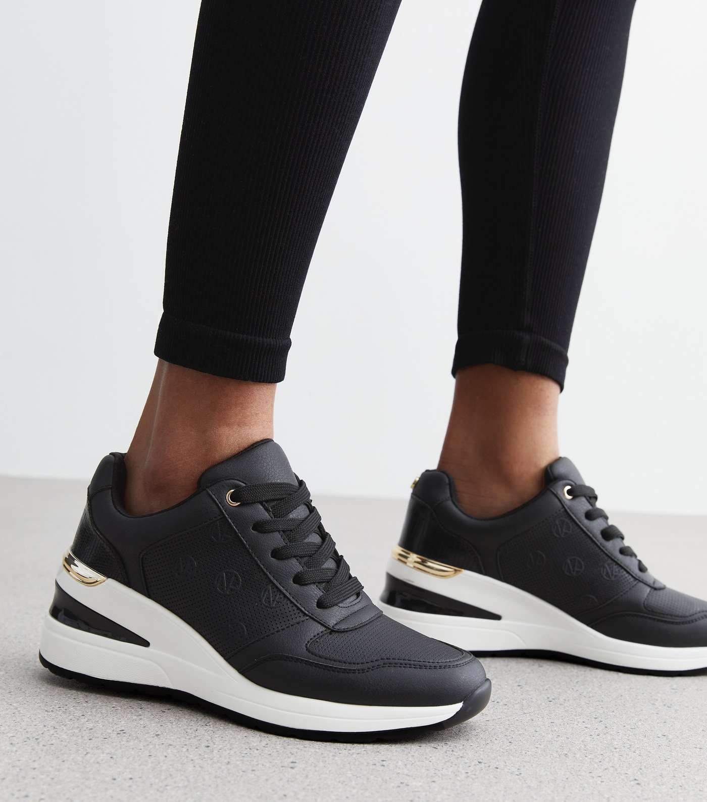 Black Lace Up Perforated Wedge Trainers  Image 2