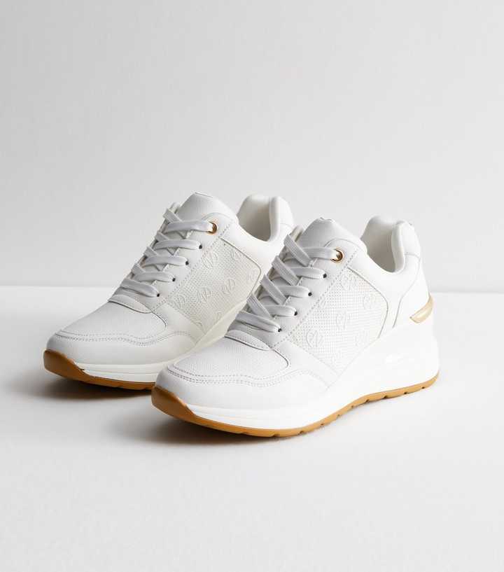 White Lace Up Perforated Wedge Trainers