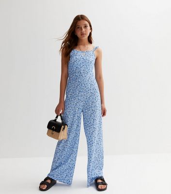 Girls Blue Floral Jersey Frill Strappy Jumpsuit New Look