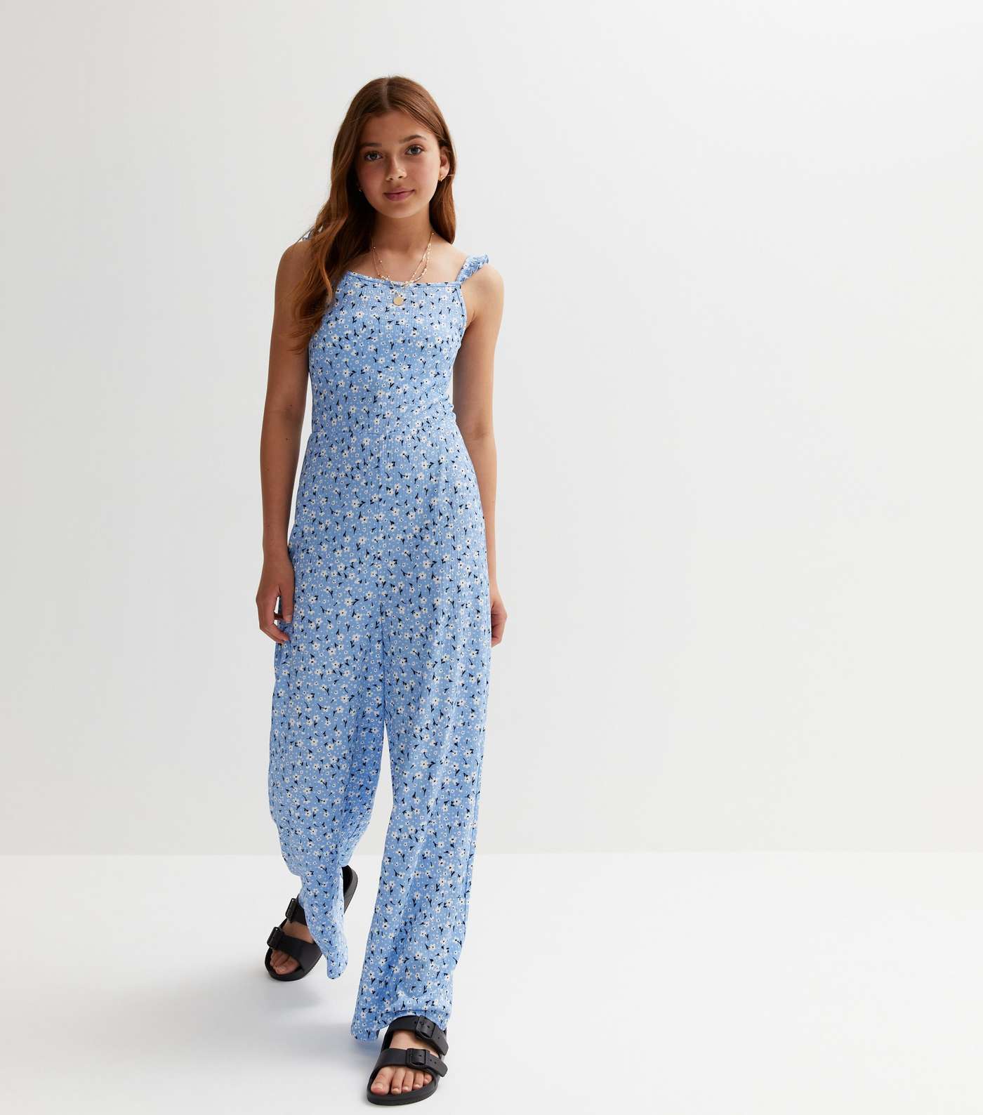 Girls Blue Floral Jersey Frill Strappy Jumpsuit Image 3