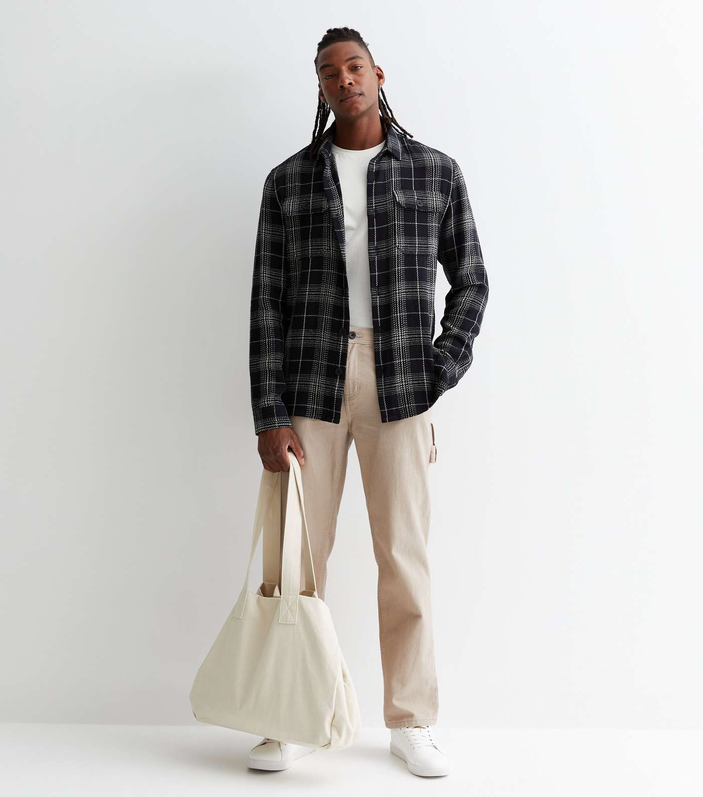 Black Check Cotton Button Front Relaxed Fit Overshirt Image 3