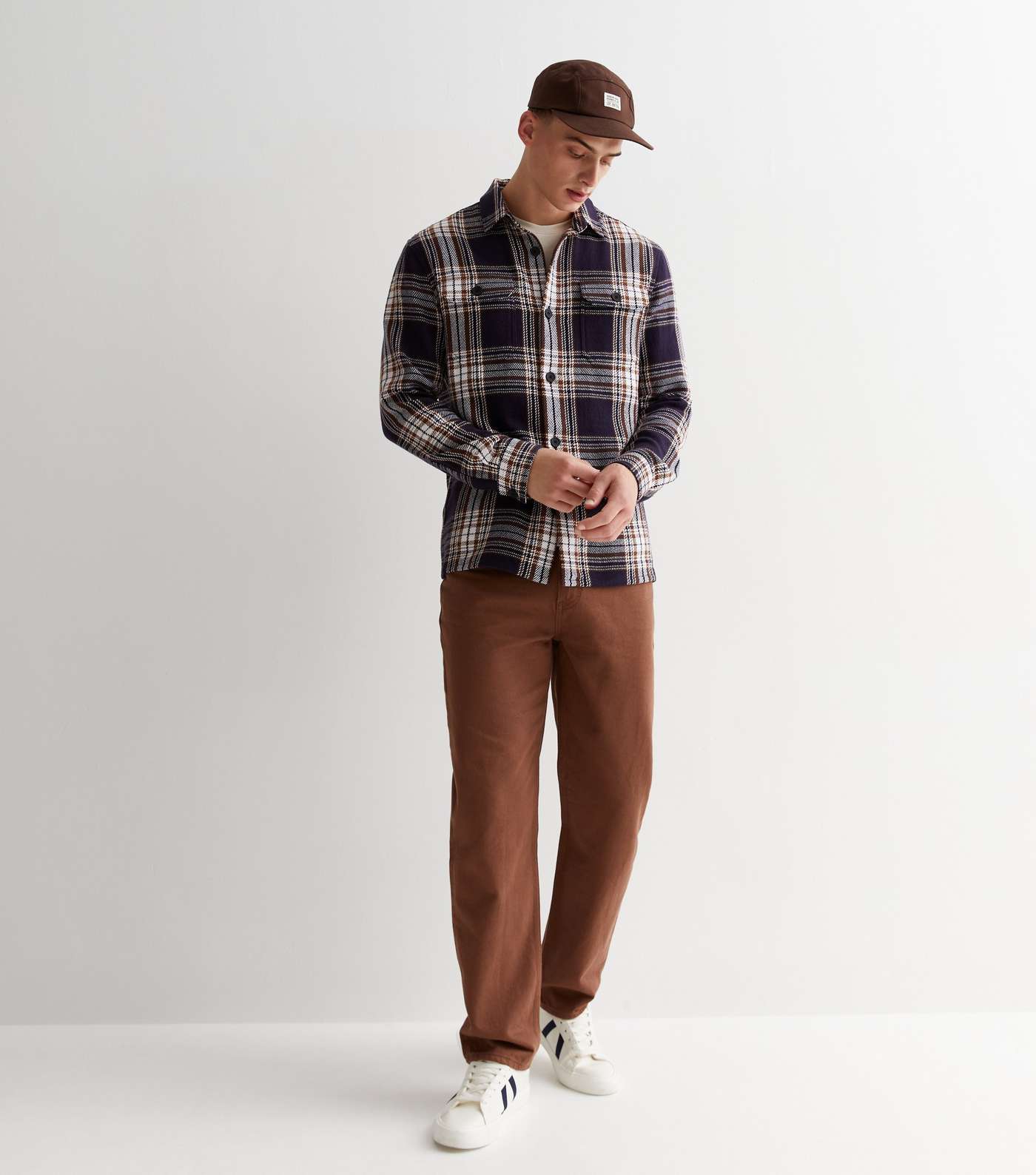 Navy Check Cotton Button Front Relaxed Fit Overshirt Image 3