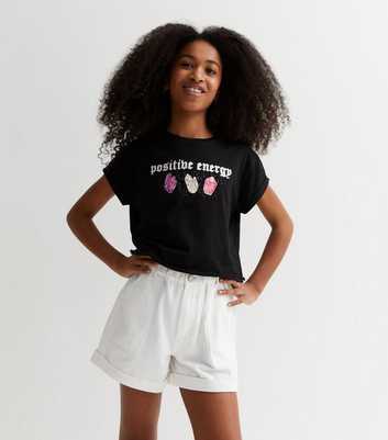 Girls Black Crew Neck Positive Energy Crystal T-Shirt