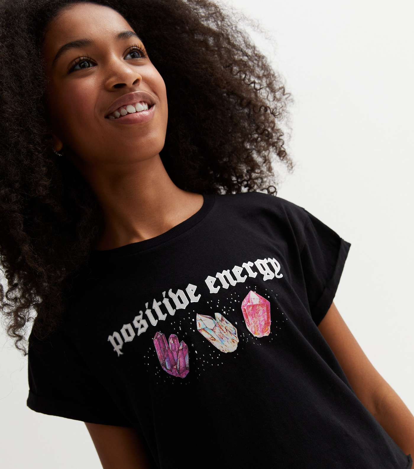 Girls Black Crew Neck Positive Energy Crystal T-Shirt Image 3