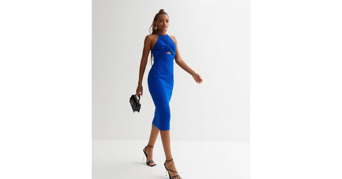white christmas dresses V-Neck Front-Twist Ribbed Casual Midi Dress– PromGirl main image 0