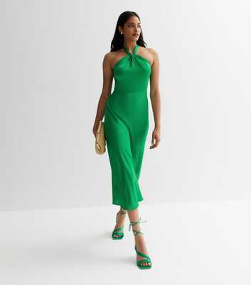 Green Twist Front Halter Midi Dress