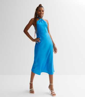 Blue Twist Front Halter Midi Dress