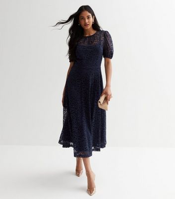 Navy Lace Puff Sleeve Midaxi Dress New Look