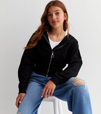 Girls Black Crop Hoodie New Look