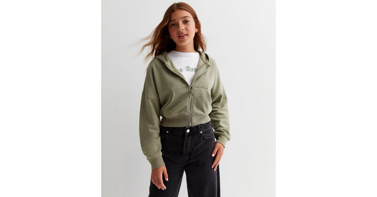 Girls Olive Crop Hoodie | New Look
