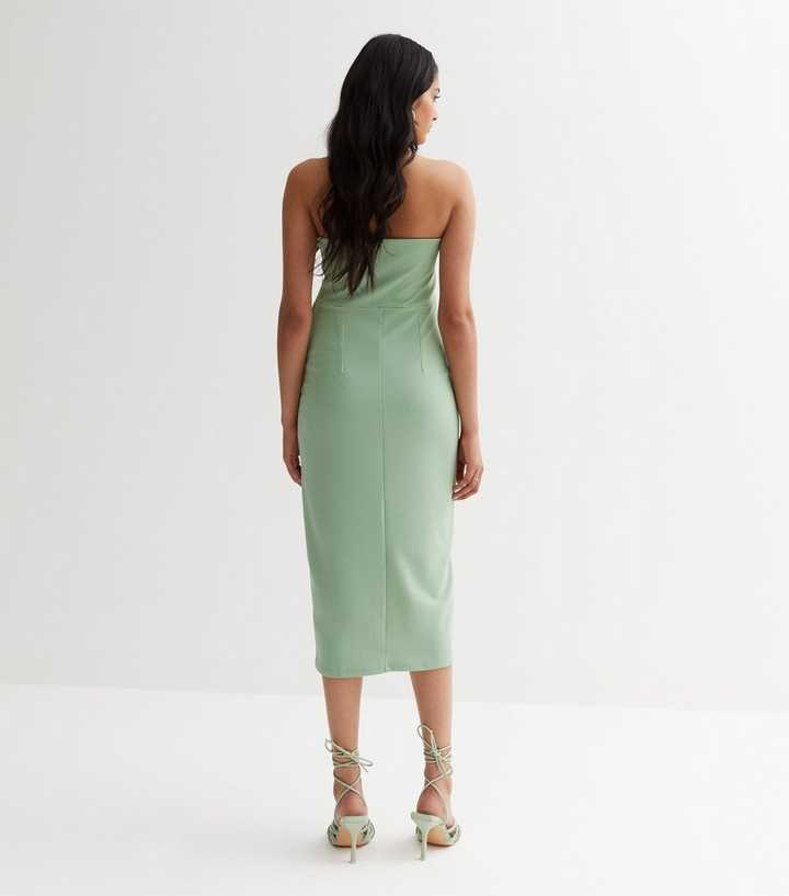 Light Green Bandeau Ruched Bodycon Midi Dress | New Look
