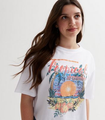Girls White Tropical Dreaming Logo T-Shirt New Look