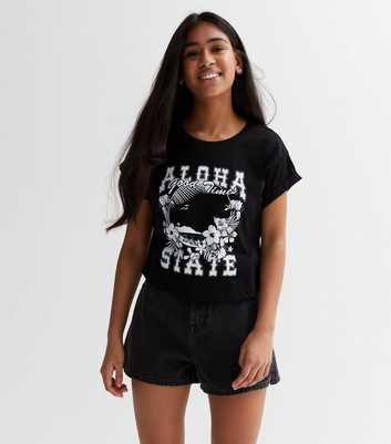 Girls Black Floral Aloha State Logo T-Shirt