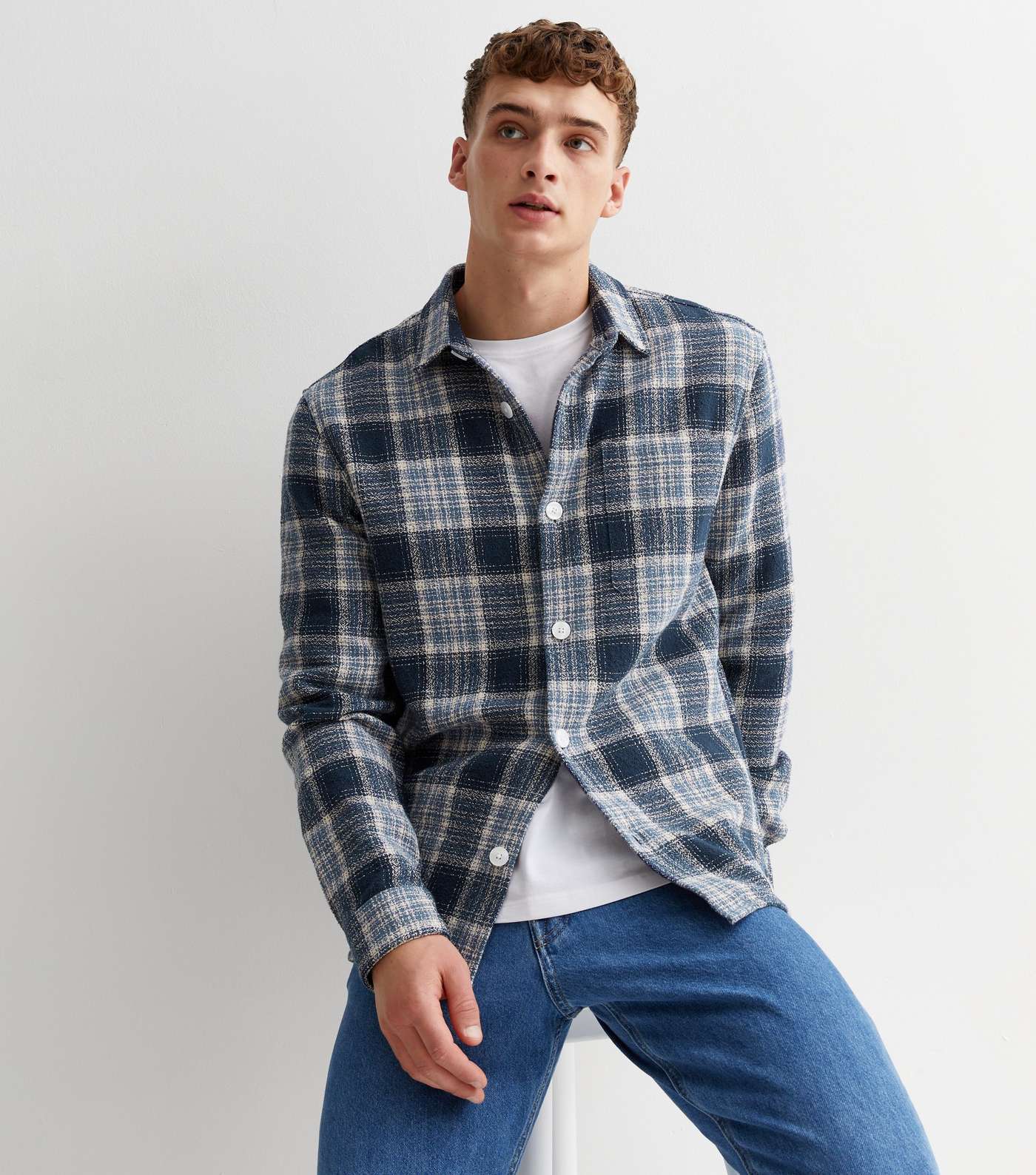 Navy Check Cotton Relaxed Fit Overshirt Image 2