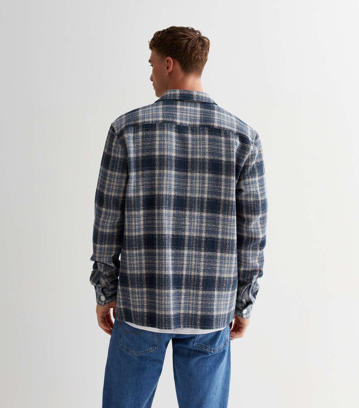 Navy Check Cotton Relaxed Fit Overshirt Image 4